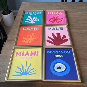 Framed artwork in faux gold frames, 6 canvas prints